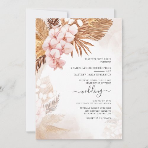 Boho Dried Palms Pampas Grass Terracotta Wedding Invitation