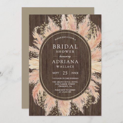 Boho Dried Pampas Grass Oval Wood Bridal Shower Invitation