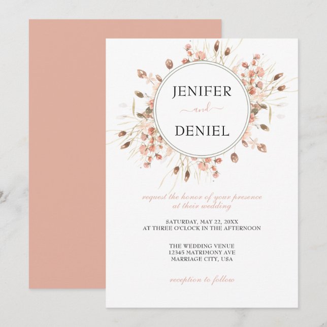 Boho Dried Watercolor Floral Wedding Invitation (Front/Back)