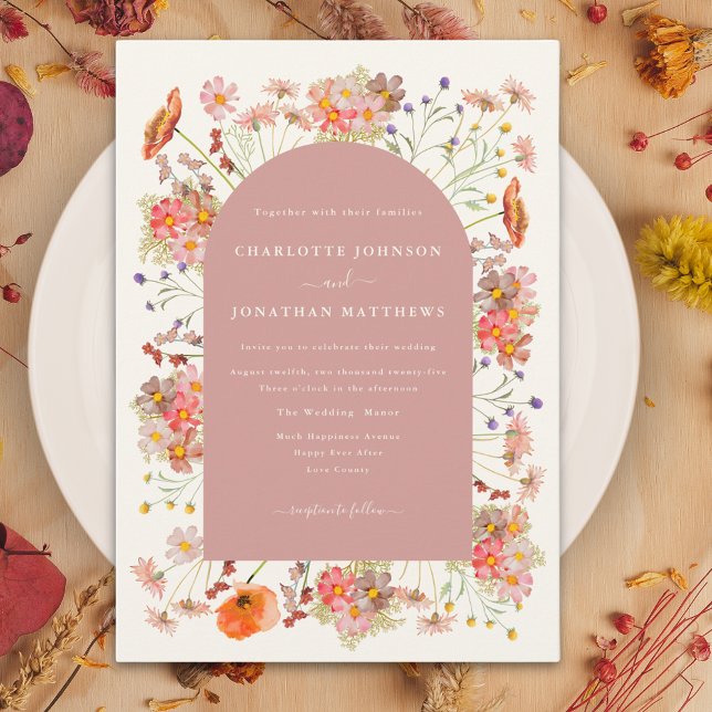 Boho Dried Wildflowers Fall Wedding Invitation (Wildflower boho dusty pink arch fall wedding inviation)