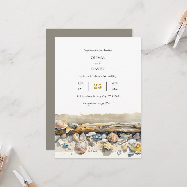 Boho Driftwood Sea Shells Sandy Shoreline Wedding  Invitation (Front/Back In Situ)