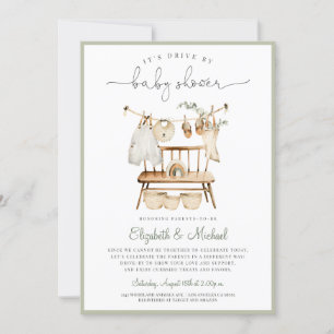 Boho Drive By Eucalyptus Green Neutral Baby Shower Invitation
