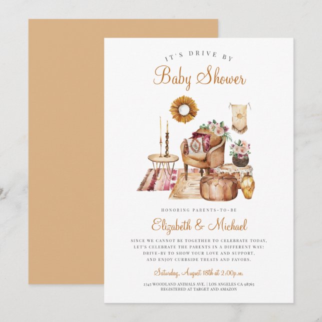 Boho Drive By Terracotta Neutral Baby Shower Invitation (Front/Back)