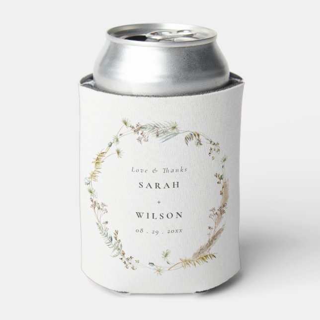 Boho Dry Palm Pampas Grass Floral Wreath Wedding Can Cooler (Can Front)