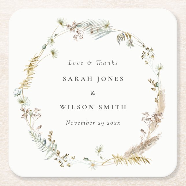 Boho Dry Palm Pampas Grass Floral Wreath Wedding N Square Paper Coaster (Front)