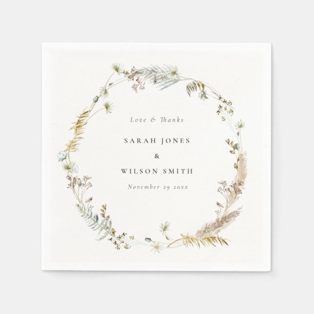 Boho Dry Palm Pampas Grass Floral Wreath Wedding Napkins (Front)