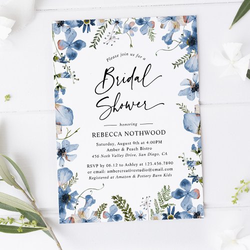 Boho Dusky Blue Florals Botanical Bridal Shower Invitation