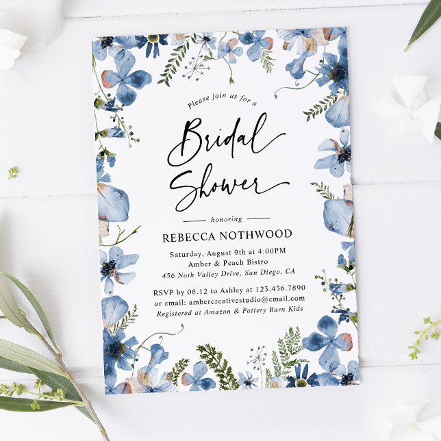 Boho Dusky Blue Florals Botanical Bridal Shower Invitation (Creator Uploaded)