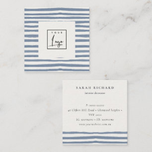 Boho Dusky Blue Watercolor Hand Drawn Strips Logo Square Business Card
