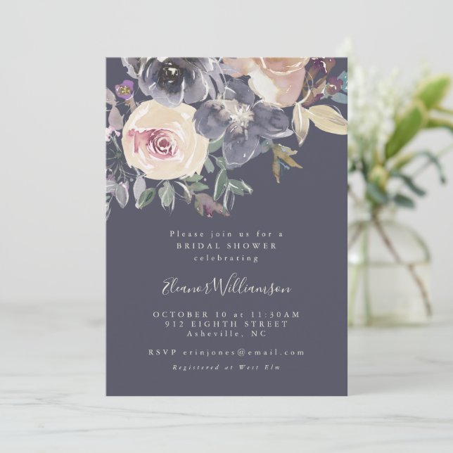 Boho Dusky Dark Purple Floral Script Bridal Shower Invitation (Standing Front)