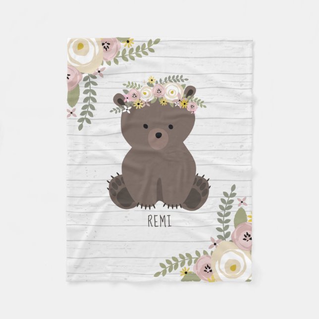 Boho Dusty Bear Gray Wood Personalized Fleece Blanket (Front)