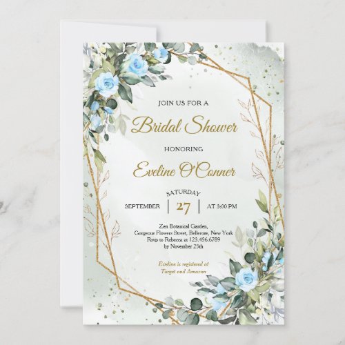 Boho dusty blue and eucalyptus and gold frame invitation