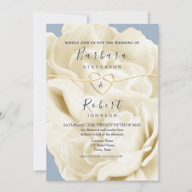 Boho Dusty Blue and Gold Floral Wedding Invitation (Front)