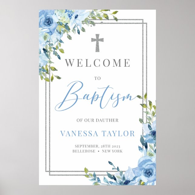 Boho dusty blue and silver glitter Baptism Welcome Poster (Front)