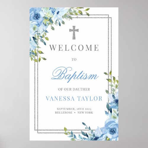 Boho dusty blue and silver glitter Baptism Welcome Poster