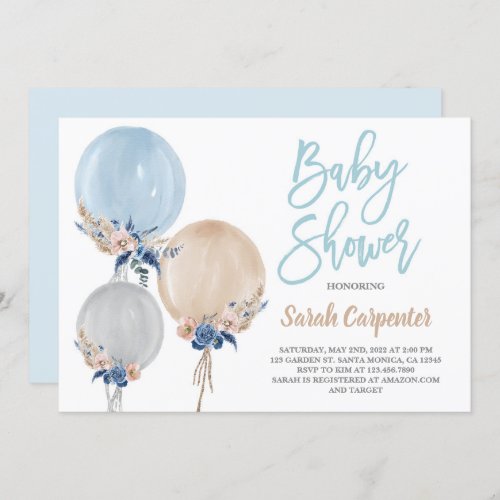 Boho dusty blue baby Shower balloons boy Invitation
