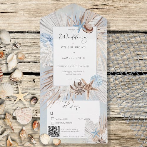 Boho Dusty Blue Beach Rustic QR Code All In One Invitation