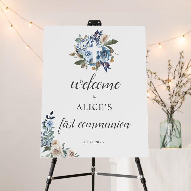 Boho Dusty Blue Beige First Communion Foam Board (In Situ (Stand))