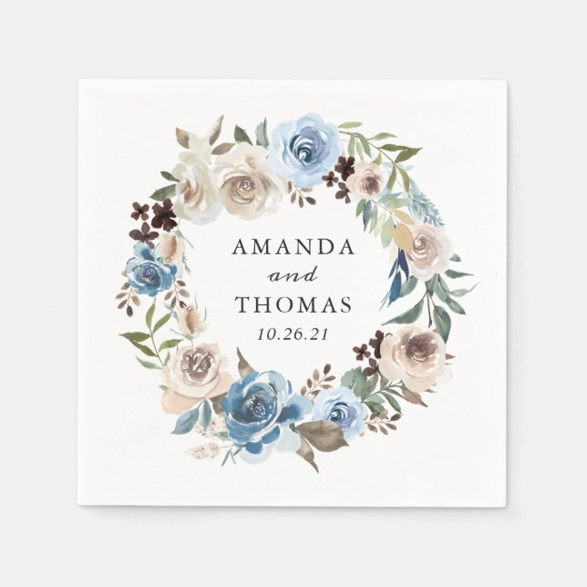 Boho Dusty Blue Beige Floral Wreath Wedding Napkins (Front)
