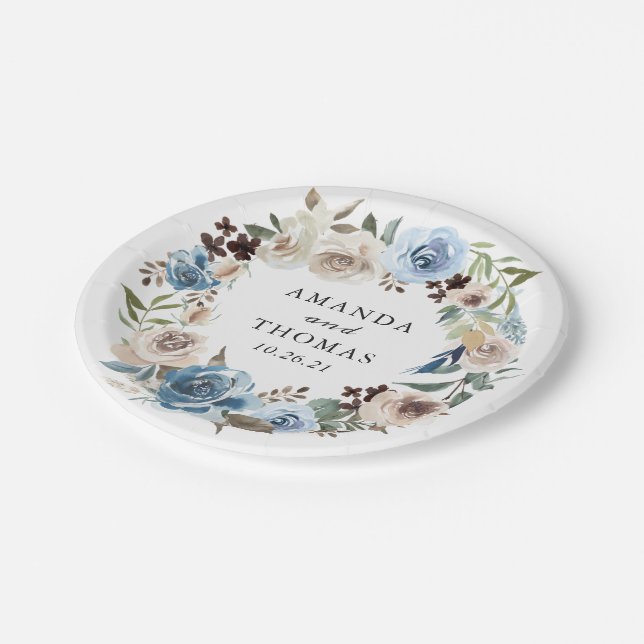 Boho Dusty Blue Beige Floral Wreath Wedding Paper Plates (Angled)