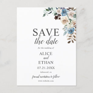 Boho Dusty Blue Beige Flower Wedding Save The Date Announcement Postcard