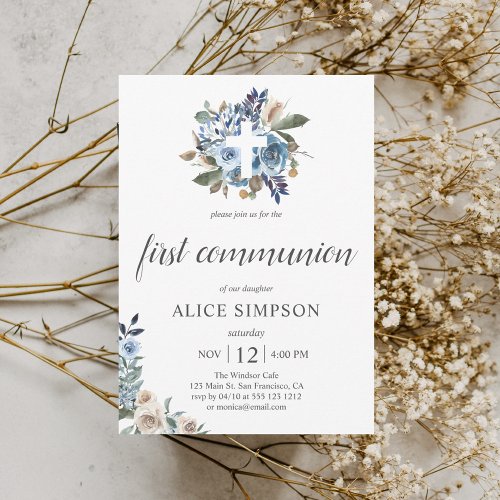 Boho Dusty Blue Beige Flowers First Communion Invitation