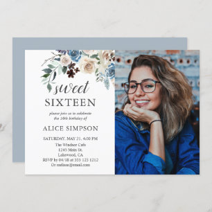 Boho Dusty Blue Beige Flowers Photo Sweet 16 Invitation