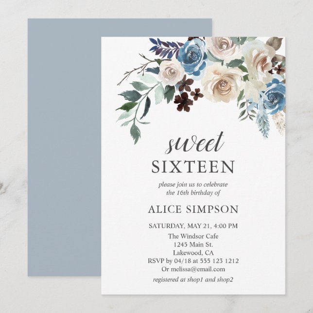Boho Dusty Blue Beige Flowers Sweet 16 Invitation (Front/Back)