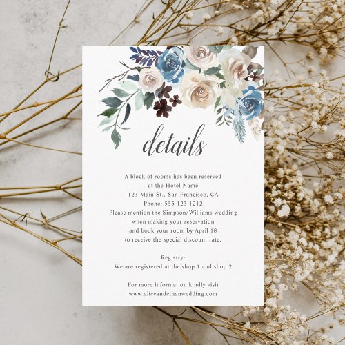 Boho Dusty Blue Beige Flowers Wedding Details Enclosure Card