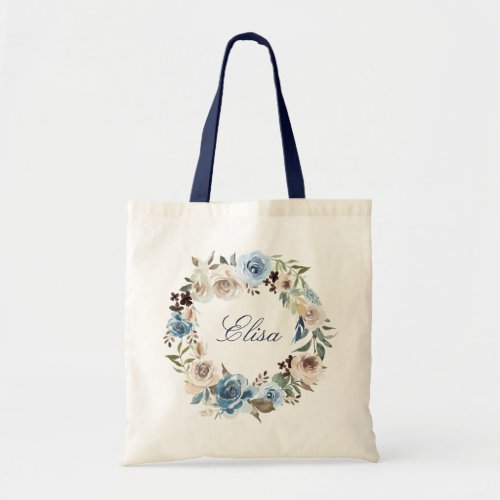 Boho Dusty Blue Beige Rose Floral Wreath Tote Bag