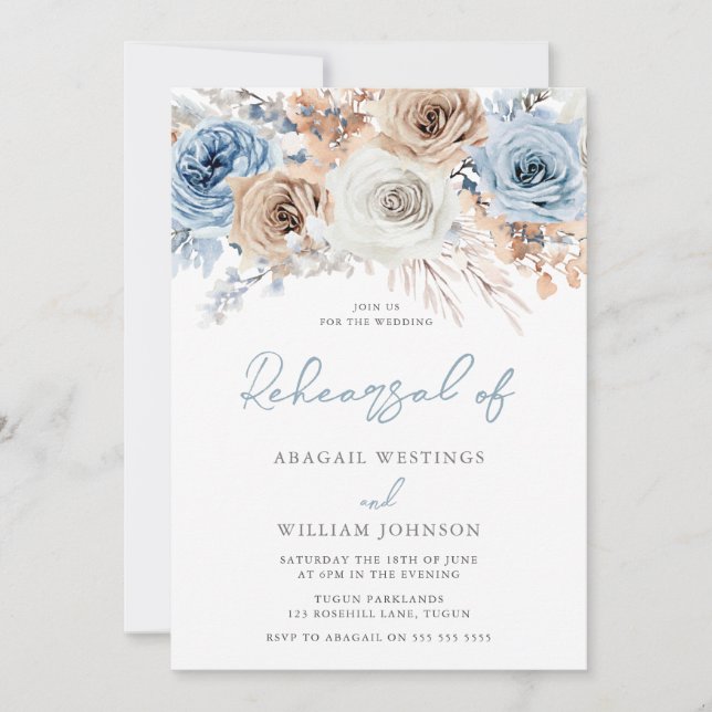 Boho Dusty Blue: Bohemian Wedding Rehearsal Dinner Invitation (Front)