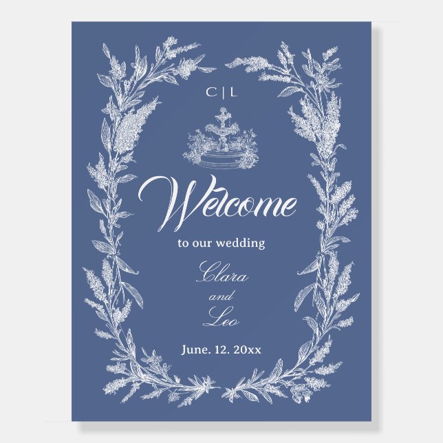 Boho Dusty Blue Botanical Wreath Wedding Welcome Foam Board (Front)