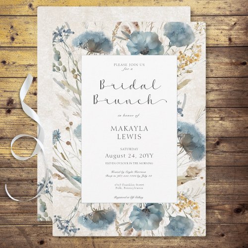 Boho Dusty Blue  Brown Floral Bridal Brunch Invitation