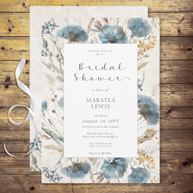 Boho Dusty Blue & Brown Floral Bridal Shower Invitation (Boho Dusty Blue & Brown Floral Bridal Shower Invitation)