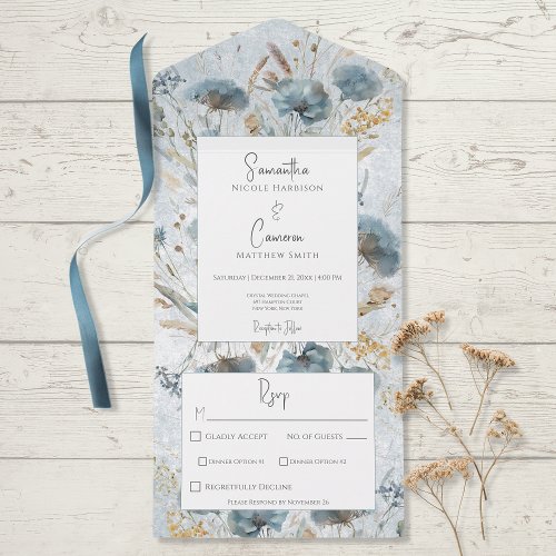 Boho Dusty Blue  Brown Floral Monogram Dinner All In One Invitation