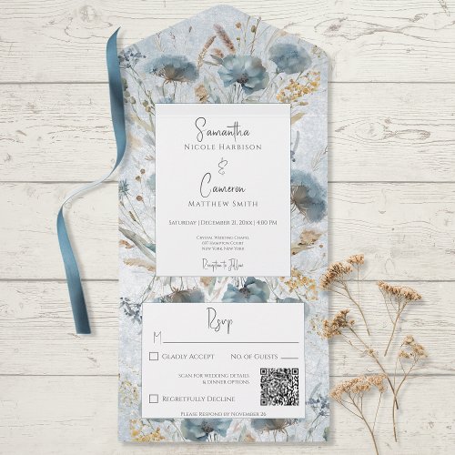 Boho Dusty Blue  Brown Floral Monogram QR Code All In One Invitation