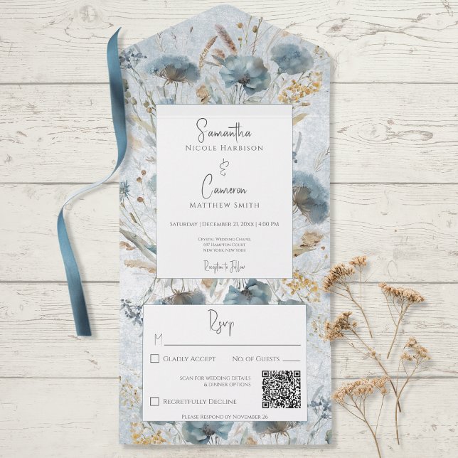 Boho Dusty Blue & Brown Floral Monogram QR Code All In One Invitation (Creator Uploaded)
