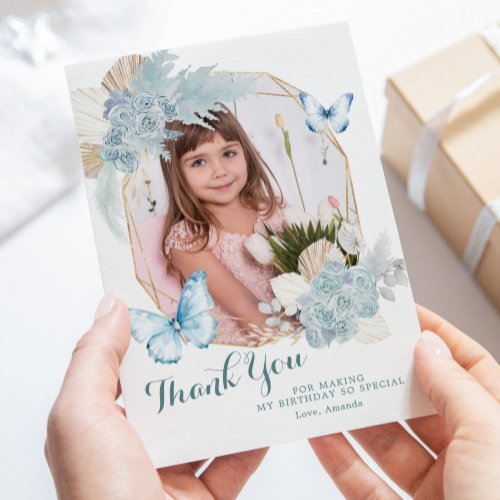 Boho Dusty Blue Butterfly 1st Birthday with photo Thank You Card