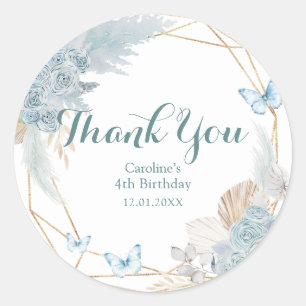 Boho Dusty Blue Butterfly Birthday Thank You Classic Round Sticker