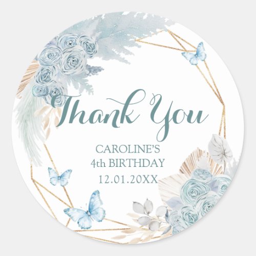 Boho Dusty Blue Butterfly Birthday Thank You Classic Round Sticker