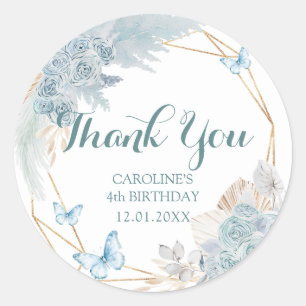 Boho Dusty Blue Butterfly Birthday Thank You Classic Round Sticker