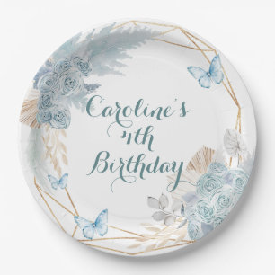 Boho Dusty Blue Butterfly Geometric Birthday Paper Plates