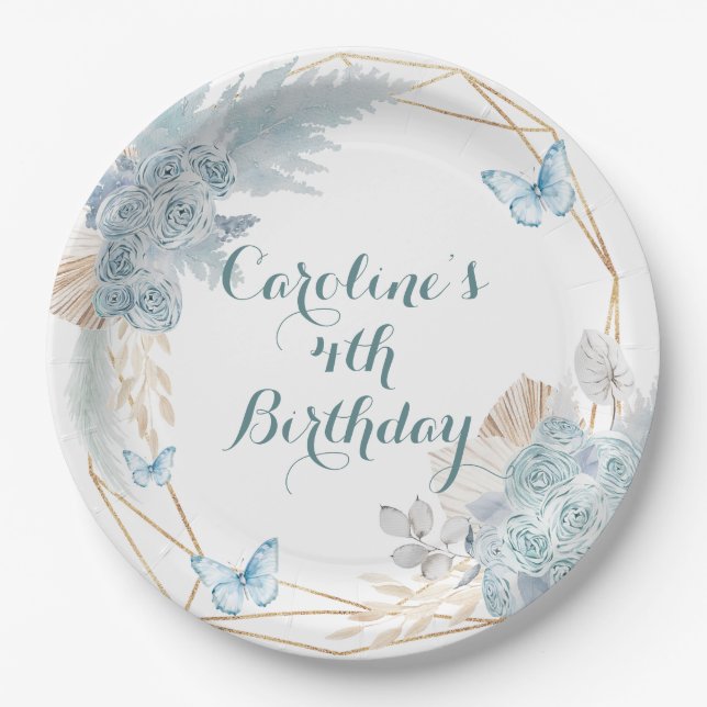 Boho Dusty Blue Butterfly Geometric Birthday Paper Plates (Front)