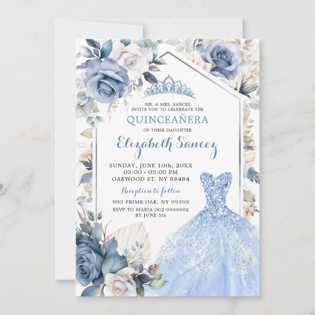 Boho Dusty Blue Dress Princess Quinceañera Invitation (Front)