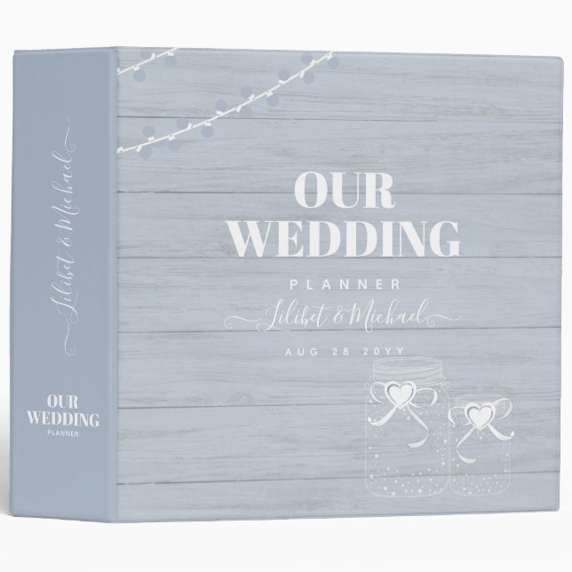 BOHO Dusty Blue Driftwood Mason Jars Wedding 3 Ring Binder (Front/Spine)