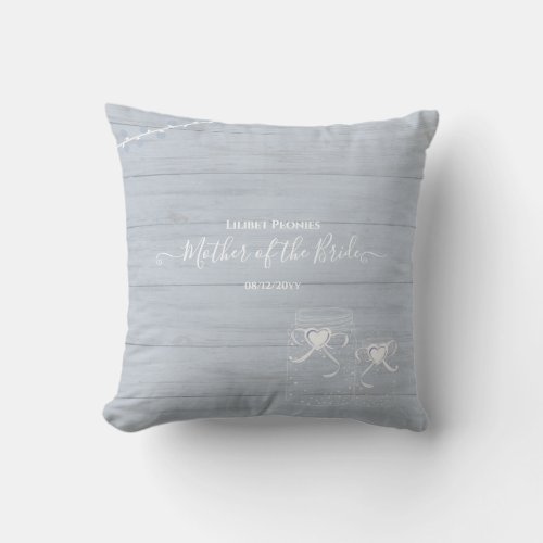BOHO Dusty Blue Driftwood Mason Jars Wedding Throw Pillow