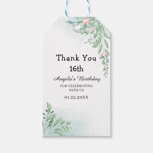 Boho Dusty Blue Eucalyptus 16th Birthday Favor Tag