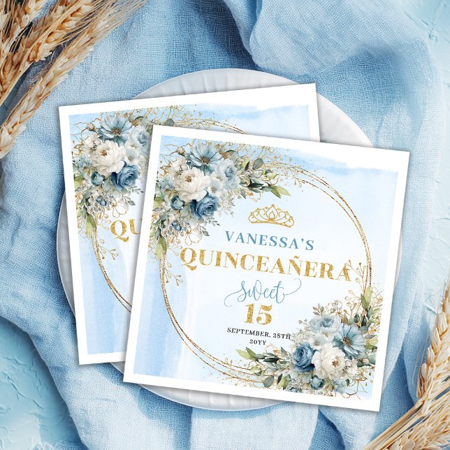 Boho Dusty Blue Eucalyptus Gold Glitter Quinceañer Napkins (Boho Dusty Blue Eucalyptus Gold Glitter Quinceañera)