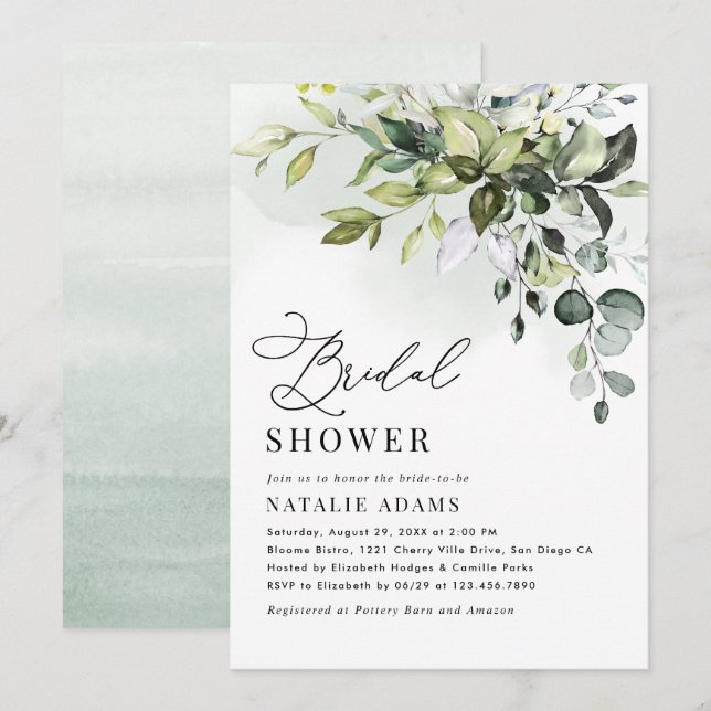 Boho Dusty Blue Eucalyptus Greenery Bridal Shower Invitation (Front/Back)