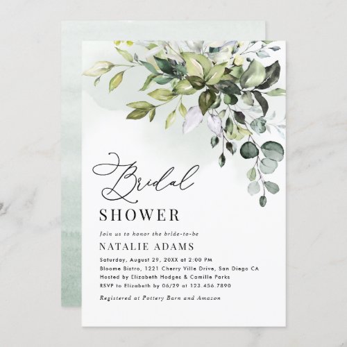 Boho Dusty Blue Eucalyptus Greenery Bridal Shower Invitation - This elegant collection features mixed watercolor greenery leaves paired with a classy serif & delicate sans font in black with a green watercolor wash. Matching items available.